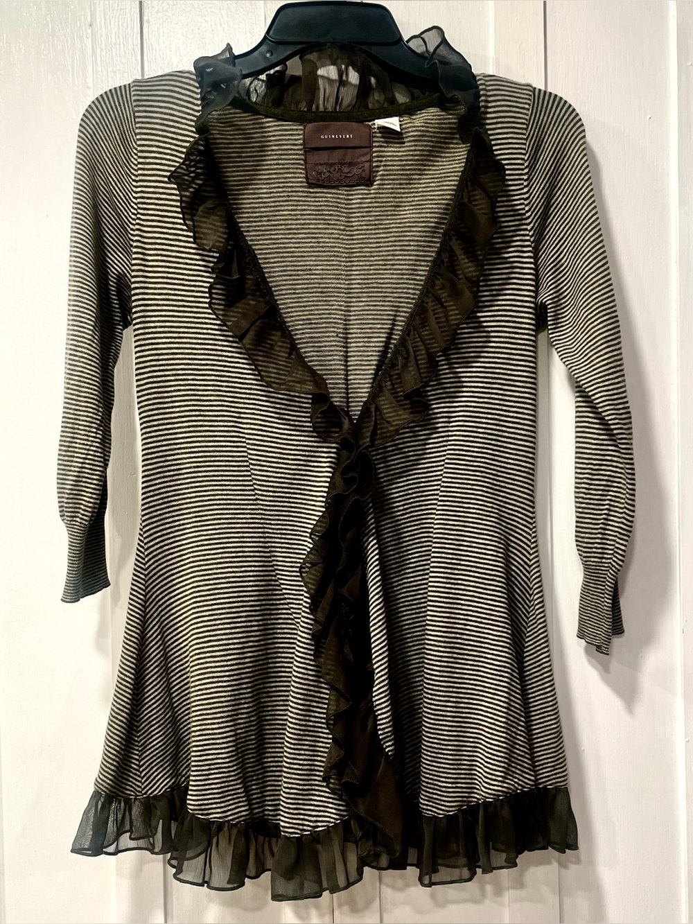 Anthropologie Guinevere Striped Dark Olive Green Ruffle Cardigan S